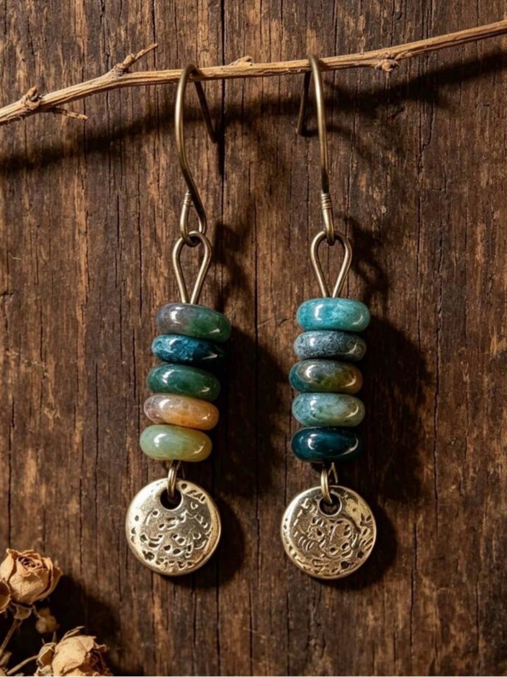 Beaded Earth-Tone Dangle Earrings with Gold Discs